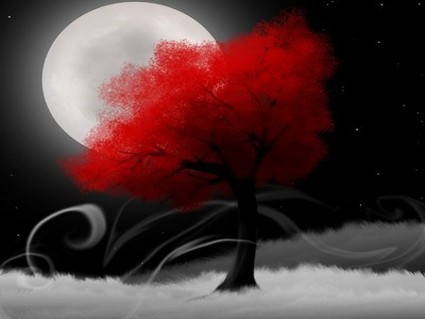 digital art, albero, rosso, luna piena, notte, arte digitale